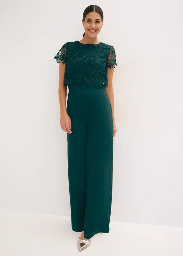 Jumpsuit aus softem Scuba mit Spitze in grün von vorne (Totalaufnahme) - bonprix Jumpsuit aus softem Scuba mit Spitze in grün von vorne (Totalaufnahme) - bonprix