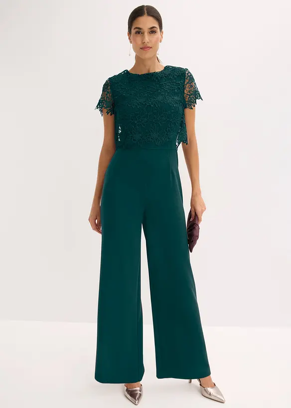 Jumpsuit aus softem Scuba mit Spitze in grün im Look von vorne (Totalaufnahme) - bonprix Jumpsuit aus softem Scuba mit Spitze in grün im Look von vorne (Totalaufnahme) - bonprix