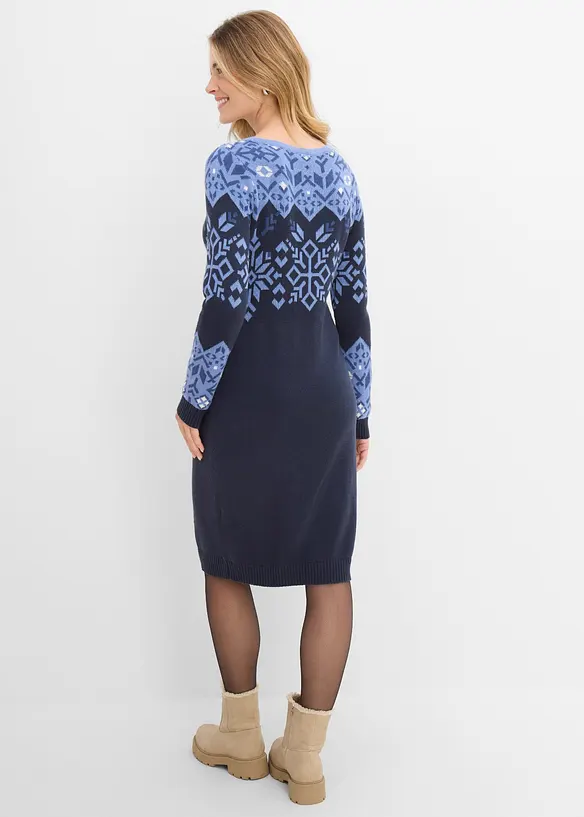 Strickkleid mit Norwegermuster aus Baumwoll-Mix in blau von hinten (Totalaufnahme) - bonprix Strickkleid mit Norwegermuster aus Baumwoll-Mix in blau von hinten (Totalaufnahme) - bonprix