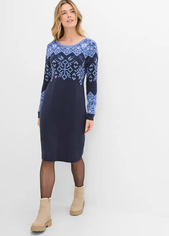 Strickkleid mit Norwegermuster aus Baumwoll-Mix in blau von vorne (Totalaufnahme) - bonprix Strickkleid mit Norwegermuster aus Baumwoll-Mix in blau von vorne (Totalaufnahme) - bonprix