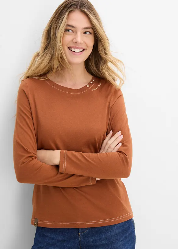 Langarmshirt mit Zierknöpfen in braun von vorne (im Anschnitt) - bonprix