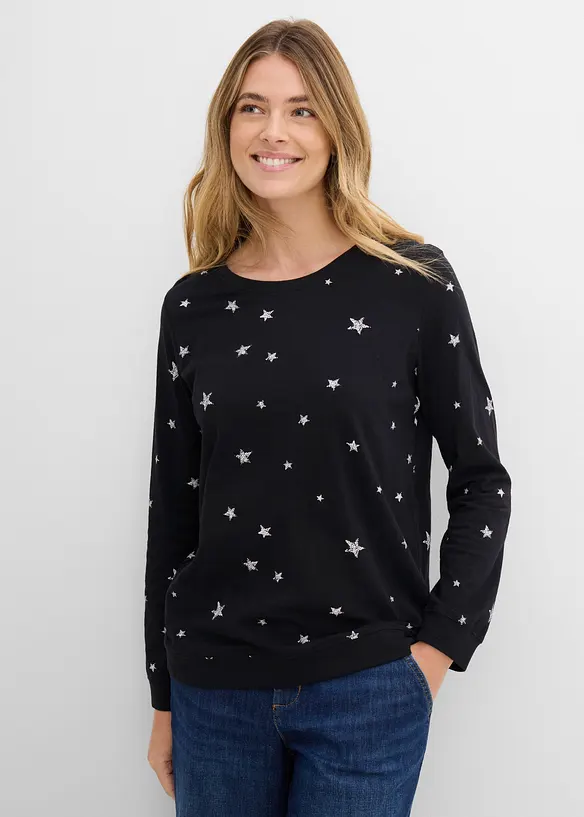 Bedrucktes Langarmshirt aus Baumwolle in schwarz von vorne (im Anschnitt) - bonprix Bedrucktes Langarmshirt aus Baumwolle in schwarz von vorne (im Anschnitt) - bonprix