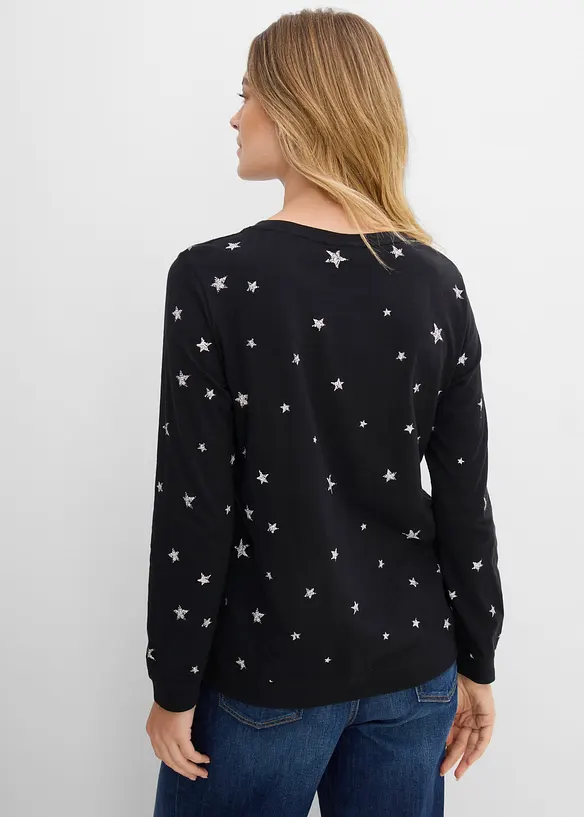 Bedrucktes Langarmshirt aus Baumwolle in schwarz von hinten (im Anschnitt) - bonprix Bedrucktes Langarmshirt aus Baumwolle in schwarz von hinten (im Anschnitt) - bonprix