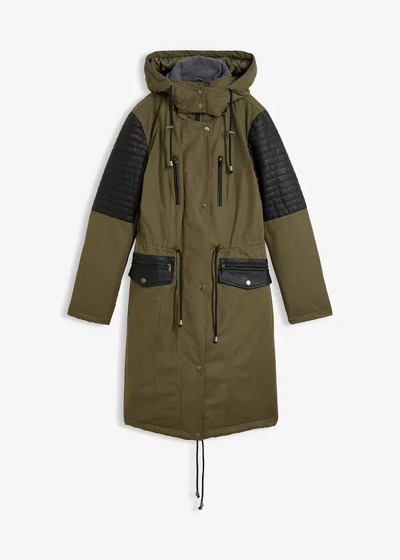 Long-Parka mit Lederimitateinsatz in grün von vorne - bonprix