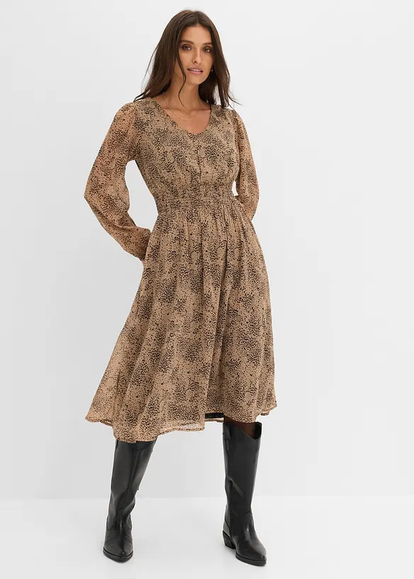 Chiffonkleid mit elastischem Bund in braun von vorne (Totalaufnahme) - bonprix Chiffonkleid mit elastischem Bund in braun von vorne (Totalaufnahme) - bonprix