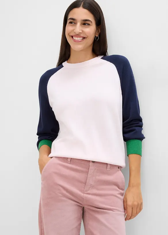 Feinstrickpullover aus Baumwoll-Mix mit Raglanärmeln in rosa von vorne (im Anschnitt) - bonprix Feinstrickpullover aus Baumwoll-Mix mit Raglanärmeln in rosa von vorne (im Anschnitt) - bonprix
