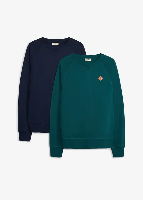 Sweatshirt aus weichem Baumwoll-Mix (2er Pack) in petrol von vorne - bonprix