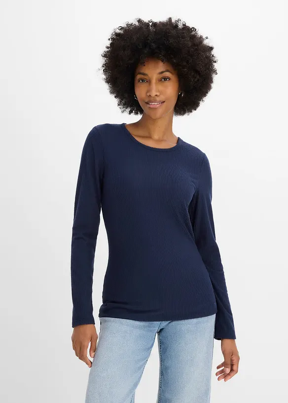 Geripptes Thermoshirt in blau von vorne (im Anschnitt) - bonprix Geripptes Thermoshirt in blau von vorne (im Anschnitt) - bonprix