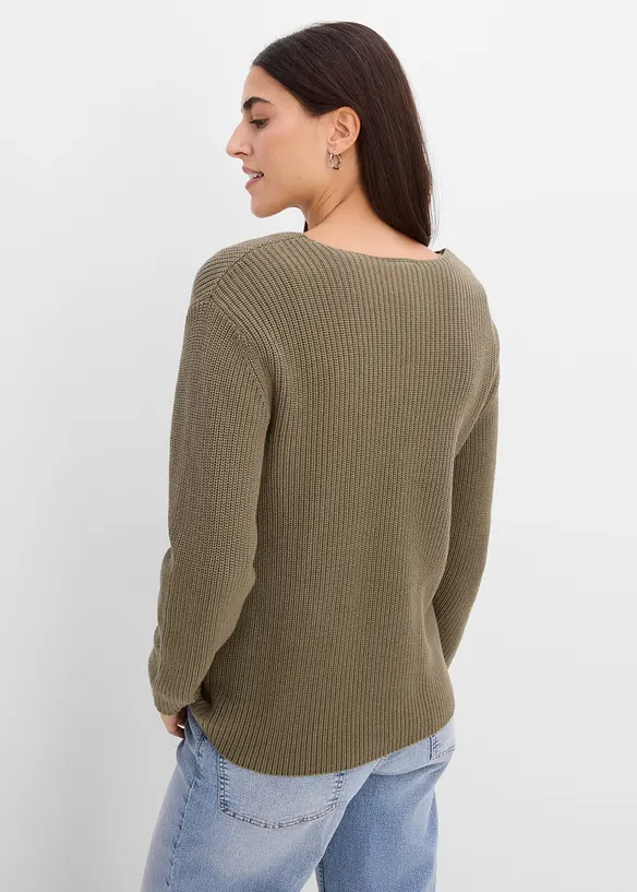 Rippstrickpullover aus reiner Bio-Baumwolle in grün von hinten (im Anschnitt) - bonprix