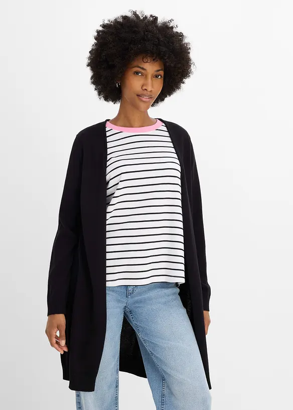 Longstrickjacke mit Rollkanten in schwarz von vorne (im Anschnitt) - bonprix Longstrickjacke mit Rollkanten in schwarz von vorne (im Anschnitt) - bonprix