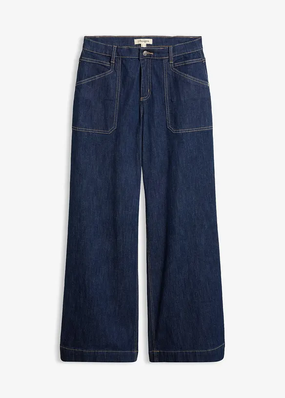 Wide-Leg-Jeans Mid Waist mit aufgesetzten Taschen in blau von vorne - bonprix