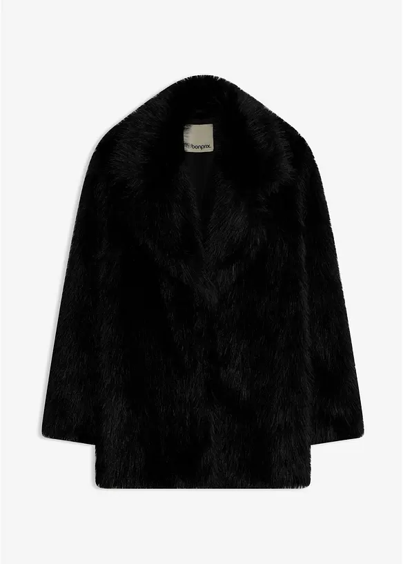 Oversized Fellimitat-Jacke in schwarz von vorne - bonprix