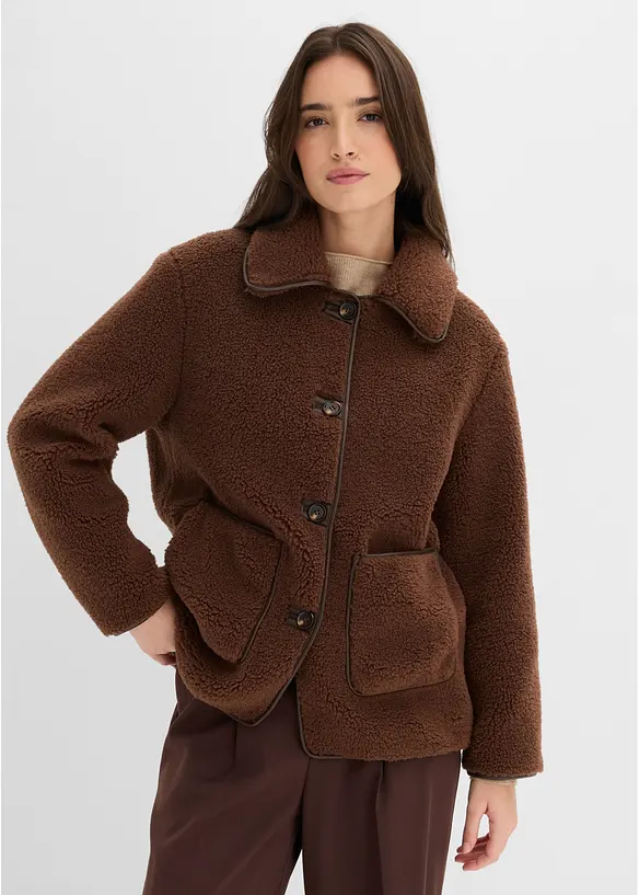 Jacke aus Teddyfell mit aufgesetzten Taschen in braun von vorne (im Anschnitt) - bonprix