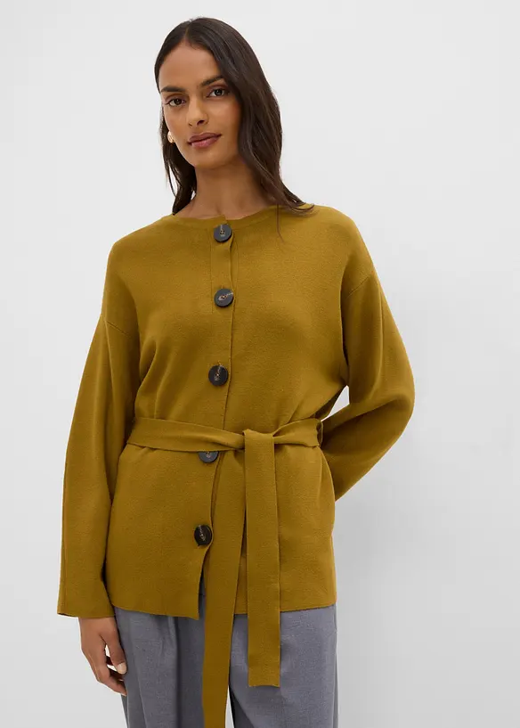 Strickjacke aus feinem Viskose-Mix in grün von vorne (im Anschnitt) - bonprix