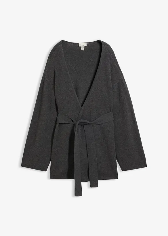 Strickjacke mit Bindegürtel in grau von vorne - bonprix