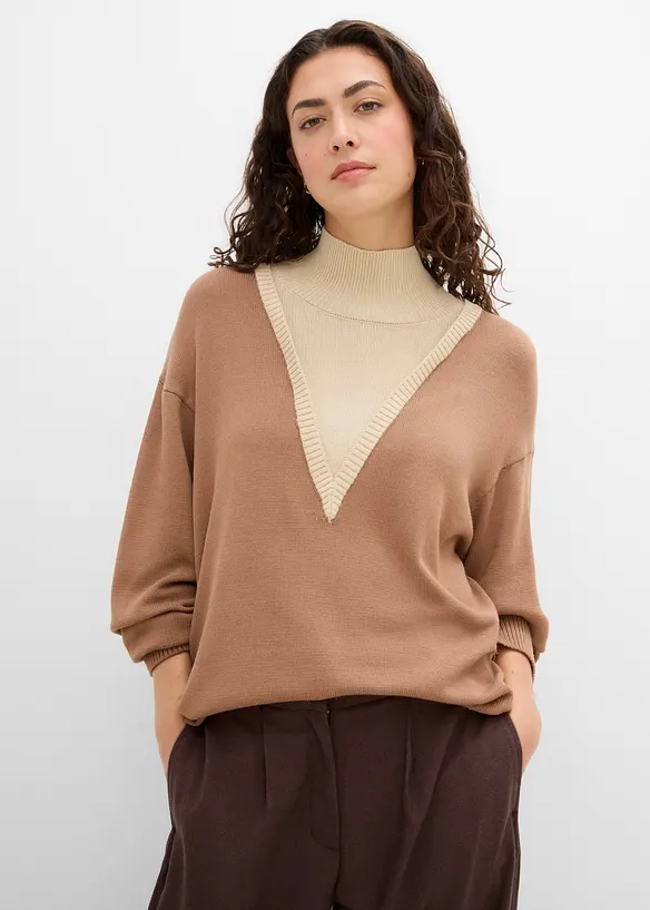Rollkragenpullover aus softem Viskose-Mix in braun von vorne (im Anschnitt) - bonprix