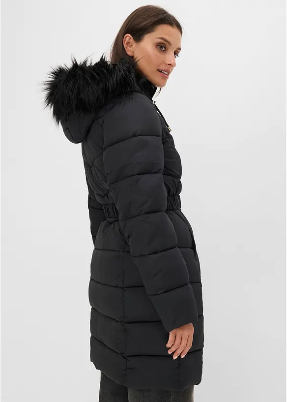 Wasserabweisende Steppjacke mit Fellimitat in schwarz von hinten (im Anschnitt) - bonprix
