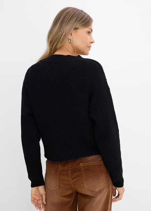 Grobstrickjacke aus reiner Baumwolle in schwarz von hinten (im Anschnitt) - bonprix