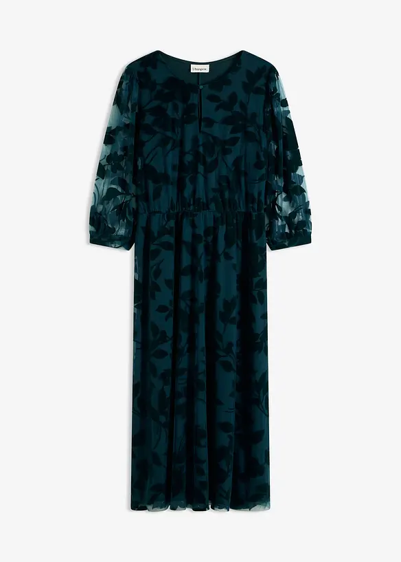 Midikleid mit Flockprint in petrol von vorne - bonprix