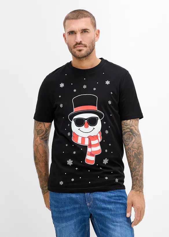 T-Shirt mit Weihnachtsmotiv aus reiner Bio-Baumwolle in schwarz von vorne (im Anschnitt) - bonprix