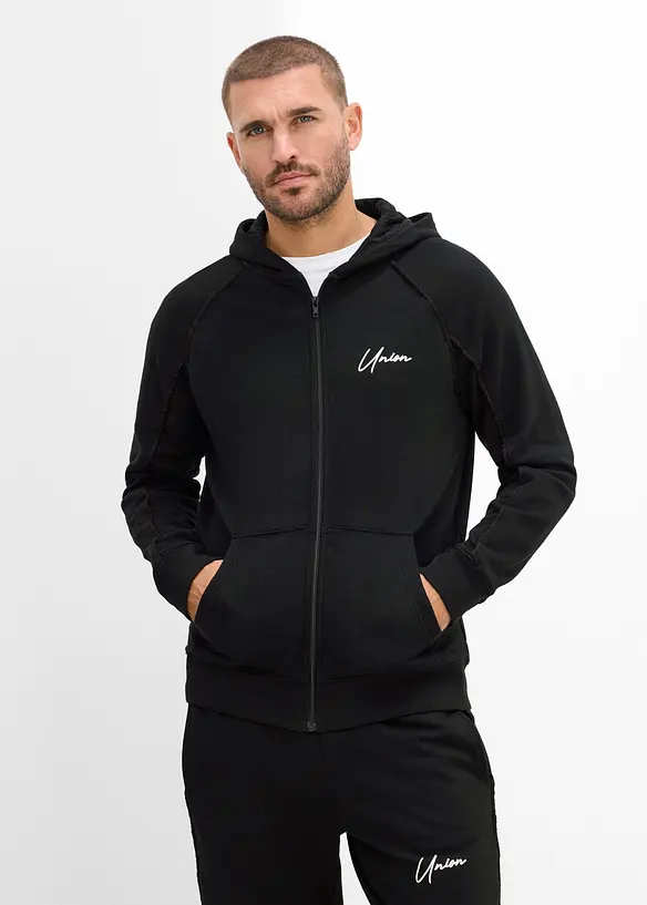 Kapuzen-Sweatjacke aus reiner Baumwolle in schwarz von vorne (im Anschnitt) - bonprix