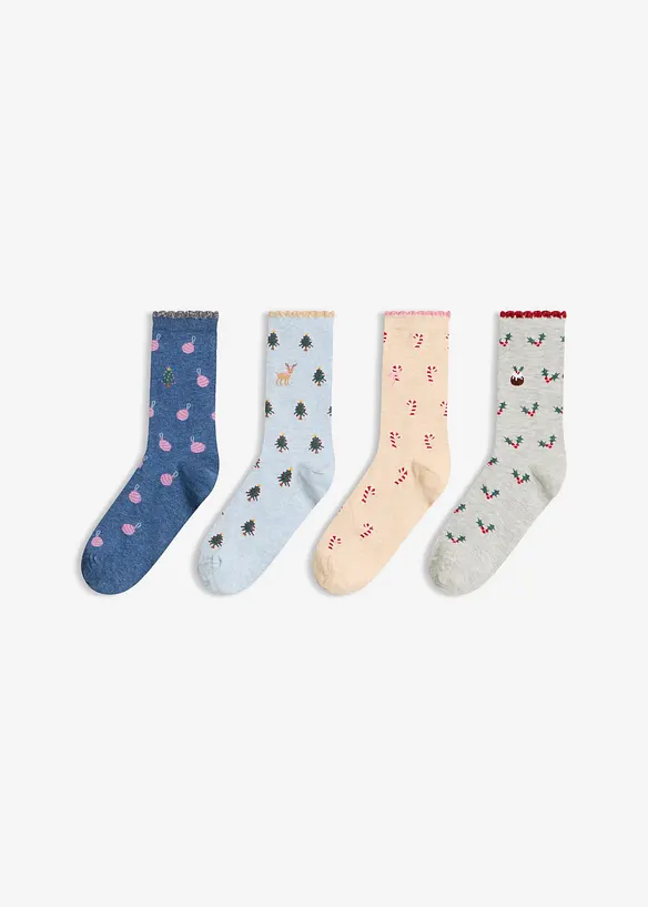 Socken mit Weihnachtsmotiv und Bio-Baumwolle (4er Pack) in blau von vorne - bonprix