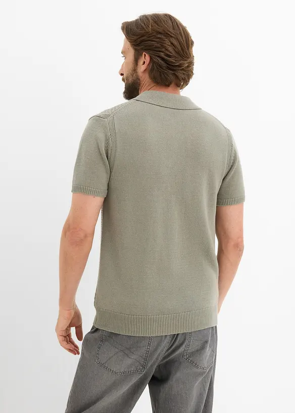 Gestricktes Poloshirt aus reiner Baumwolle in grau von hinten (im Anschnitt) - bonprix