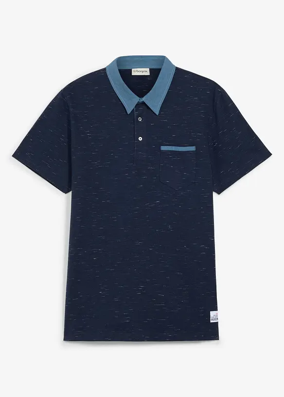 Poloshirt, Kurzarm mit gewebtem Kragen in blau von vorne - bonprix