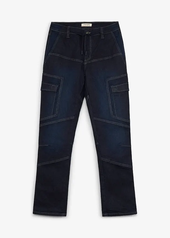 Thermo Regular-Fit Cargo-Jeans mit verstellbarem Dehnbund, Straight in blau von vorne - bonprix
