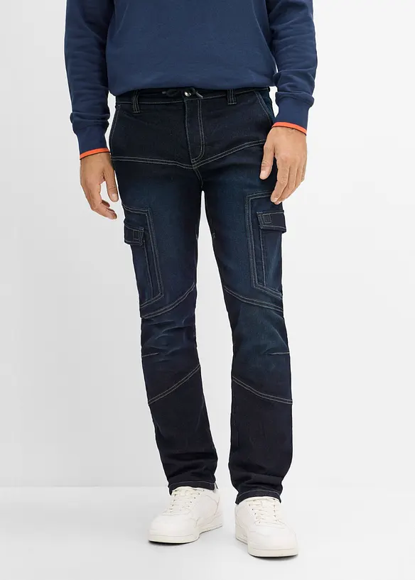 Thermo Regular-Fit Cargo-Jeans mit verstellbarem Dehnbund, Straight in blau von vorne - bonprix