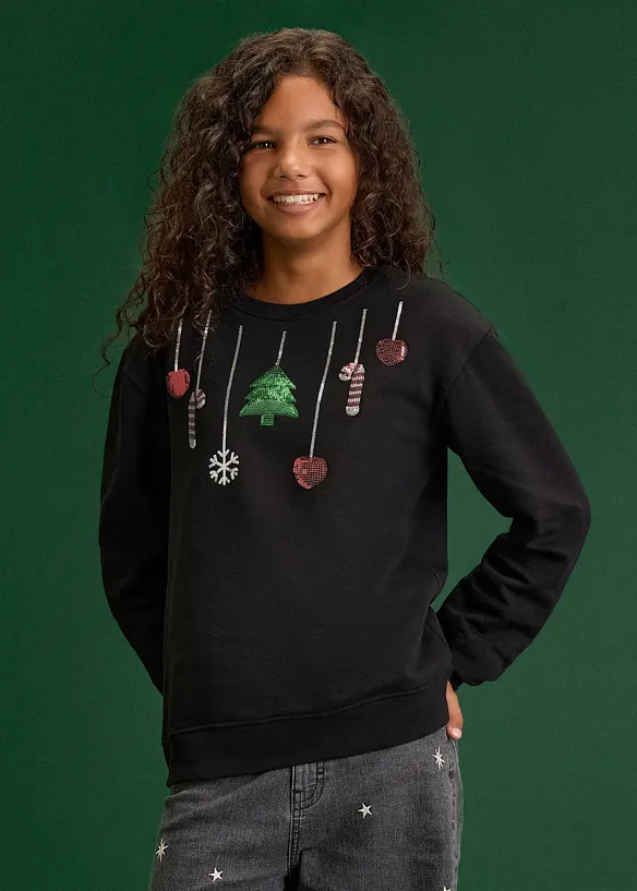 Sweatshirt mit Weihnachtsmotiv aus reiner Bio-Baumwolle in schwarz von vorne (im Anschnitt) - bonprix