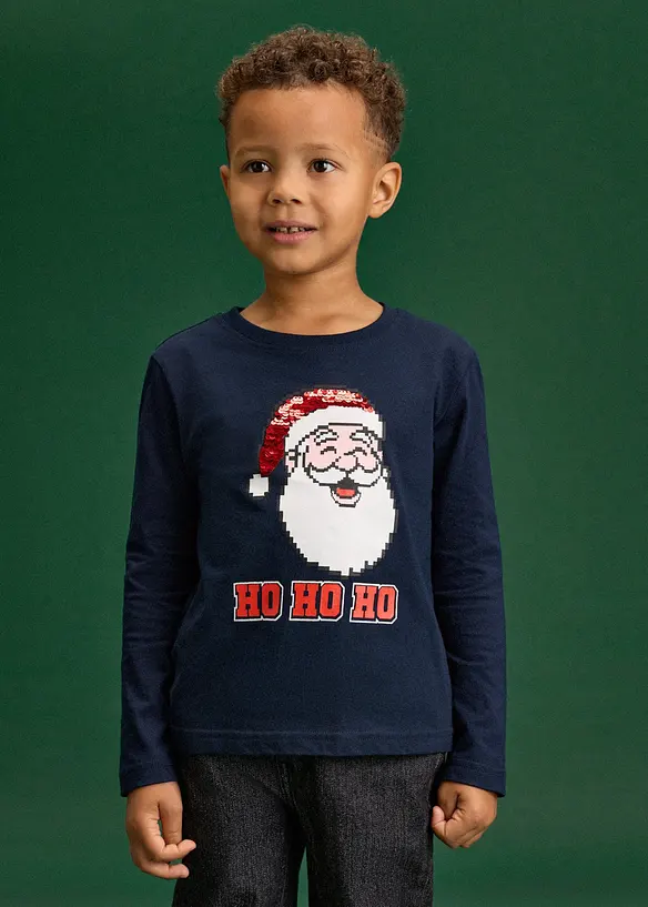 Weihnachtliches Langarmshirt mit Wendepailletten in blau von vorne (im Anschnitt) - bonprix
