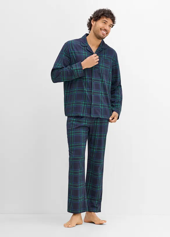 Pyjama aus weichem Flanell in blau im Look von vorne (Totalaufnahme) - bonprix
