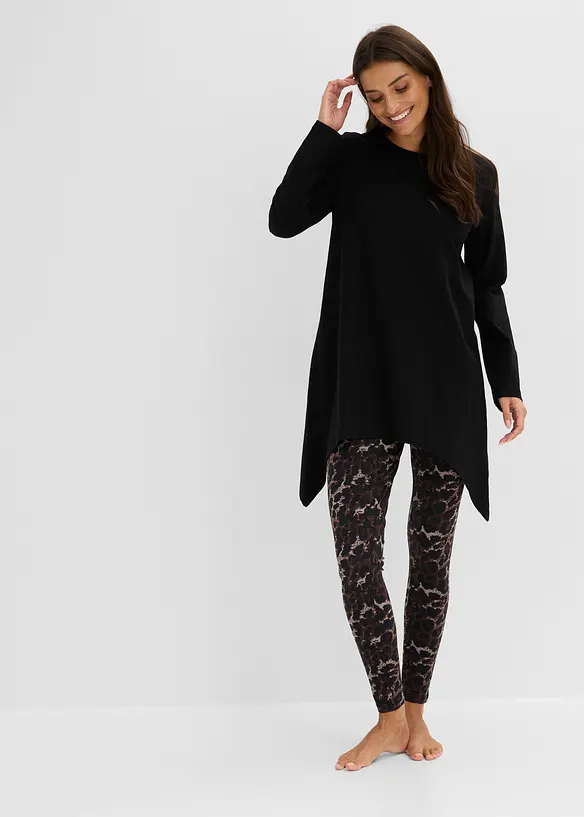 Pyjama aus weicher Baumwolle und Leggings in schwarz von vorne (Totalaufnahme) - bonprix