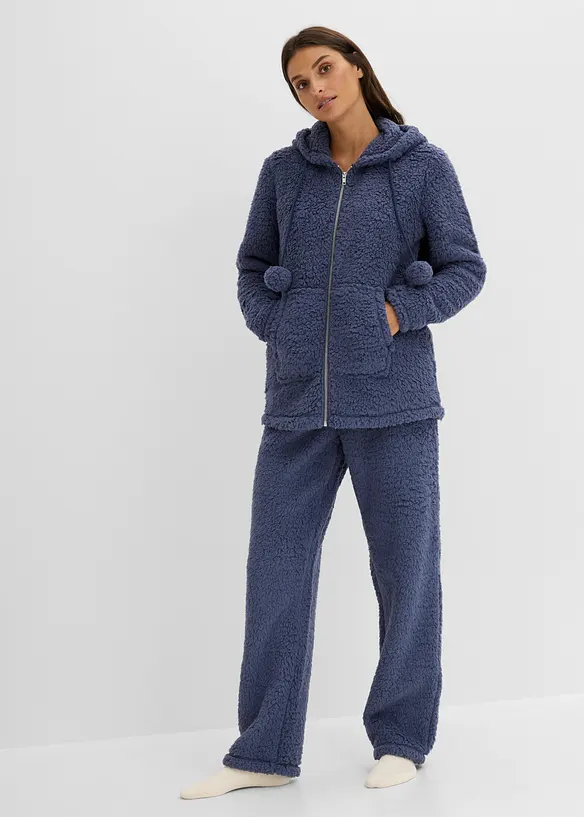 Loungewear Hausanzug aus Teddy Fleece in blau von vorne (Totalaufnahme) - bonprix