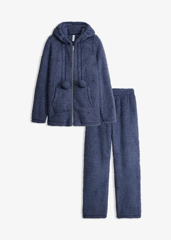 Loungewear Hausanzug aus Teddy Fleece in blau von vorne - bonprix