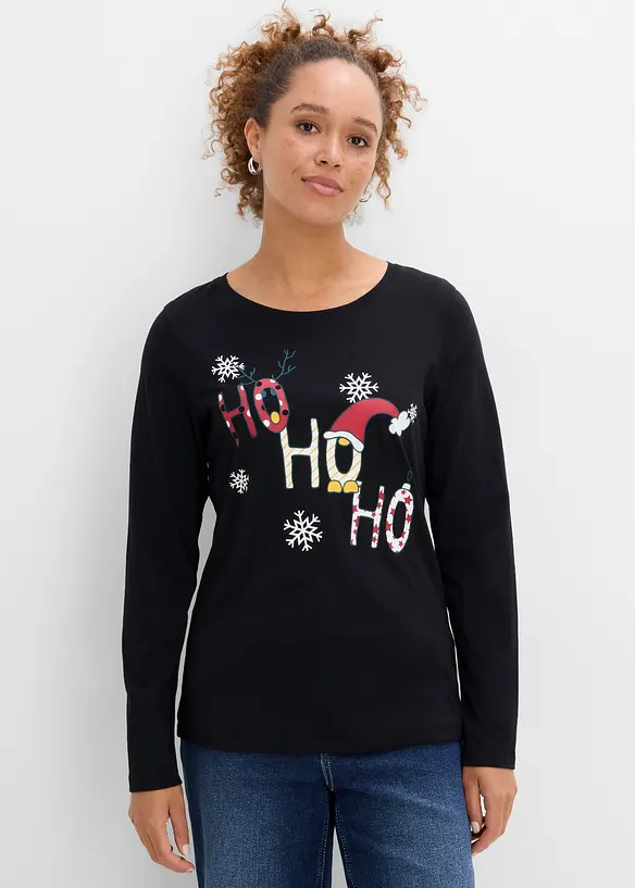 Langarmshirt mit Weihnachtsmotiv in schwarz von vorne (im Anschnitt) - bonprix Langarmshirt mit Weihnachtsmotiv in schwarz von vorne (im Anschnitt) - bonprix