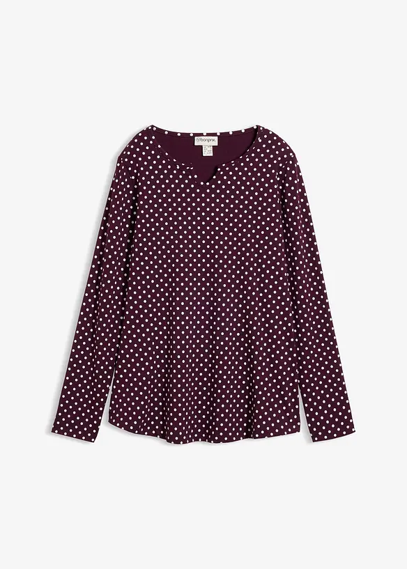 Gepunktetes Baumwoll-Langarmshirt mit Seitenschlitzen in lila von vorne - bonprix Gepunktetes Baumwoll-Langarmshirt mit Seitenschlitzen in lila von vorne - bonprix