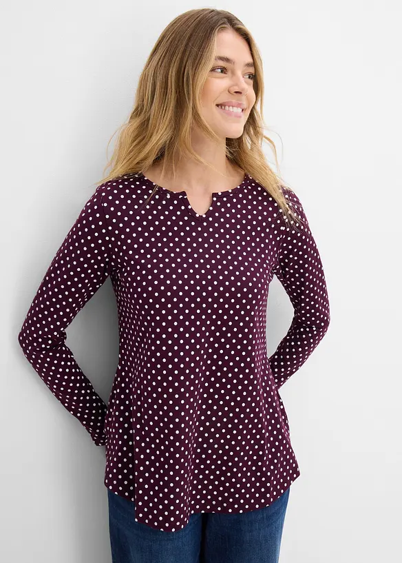 Gepunktetes Baumwoll-Langarmshirt mit Seitenschlitzen in lila von vorne (im Anschnitt) - bonprix Gepunktetes Baumwoll-Langarmshirt mit Seitenschlitzen in lila von vorne (im Anschnitt) - bonprix