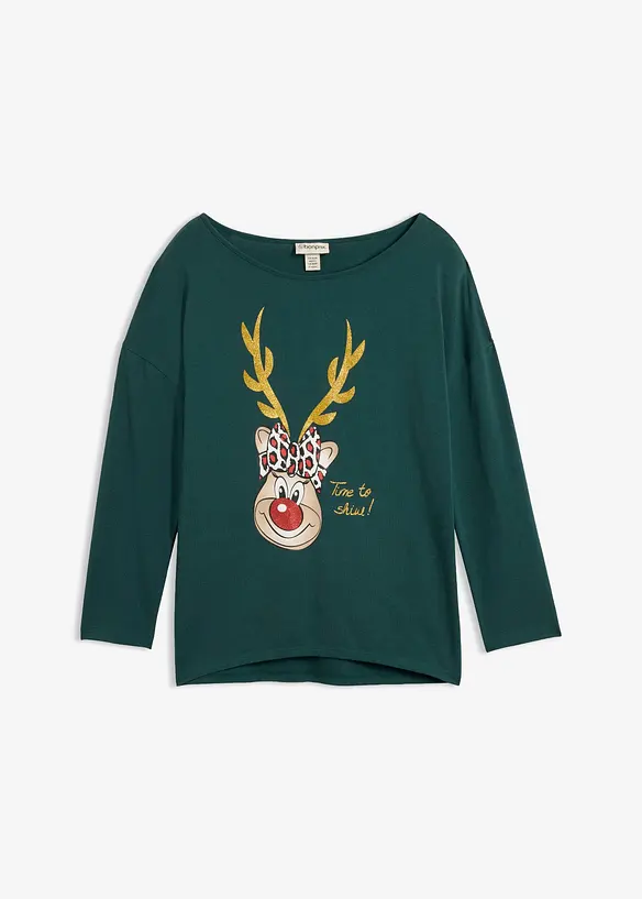 Off-Shoulder-Shirt mit Weihnachtsmotiv in grün von vorne - bonprix