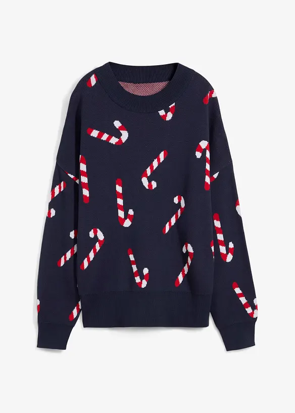 Feinstrickpullover mit Rundhals, oversized in blau von vorne - bonprix