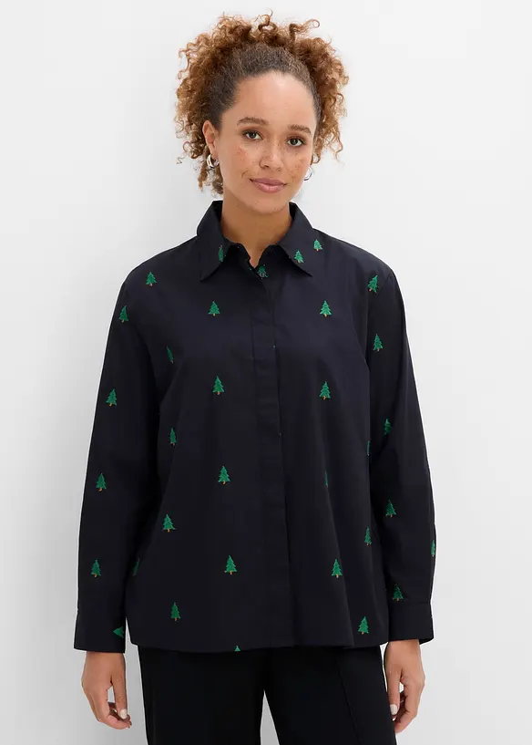 Hemdbluse mit Stickerei aus reiner Bio-Baumwolle in schwarz von vorne (im Anschnitt) - bonprix