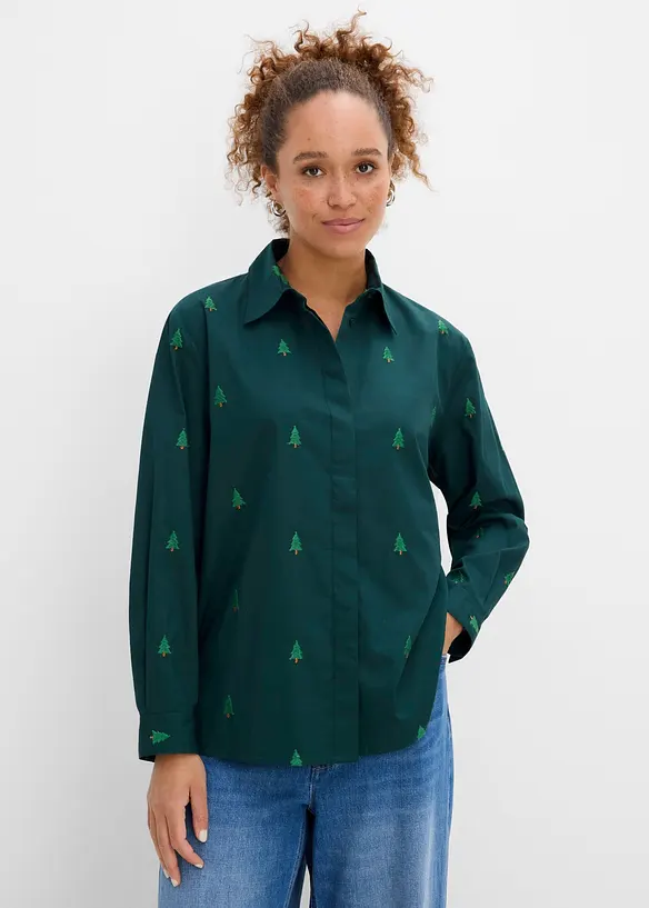 Hemdbluse mit Stickerei aus reiner Bio-Baumwolle in grün von vorne (im Anschnitt) - bonprix