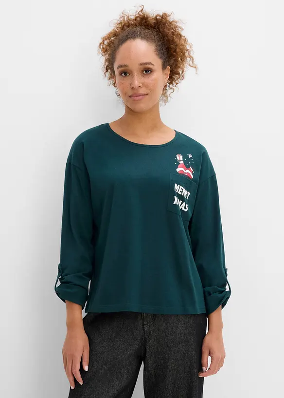 Langarmshirt aus reiner Bio-Baumwolle in grün von vorne (im Anschnitt) - bonprix