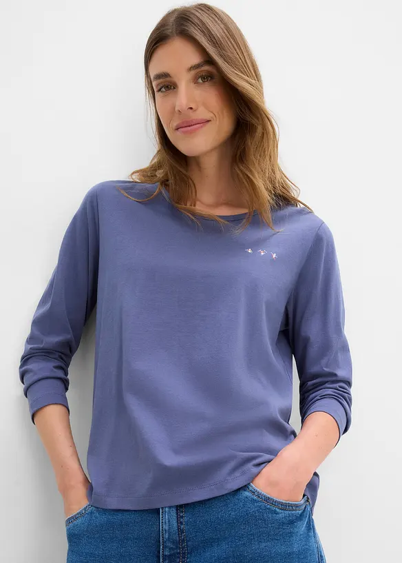 Langarmshirt aus purer Bio-Baumwolle in blau von vorne (im Anschnitt) - bonprix
