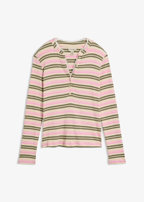 Langarmshirt mit Spitzenbesatz aus reiner Baumwolle in beige von vorne - bonprix