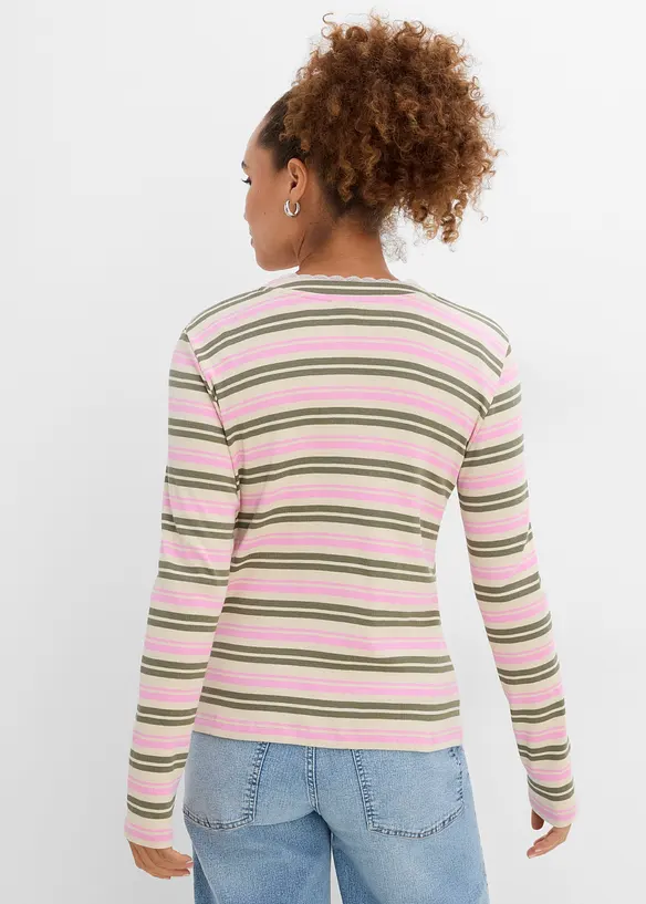 Langarmshirt mit Spitzenbesatz aus reiner Baumwolle in beige von hinten (im Anschnitt) - bonprix
