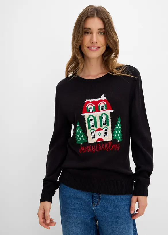 Pullover mit Weihnachtsmotiv in schwarz von vorne (im Anschnitt) - bonprix