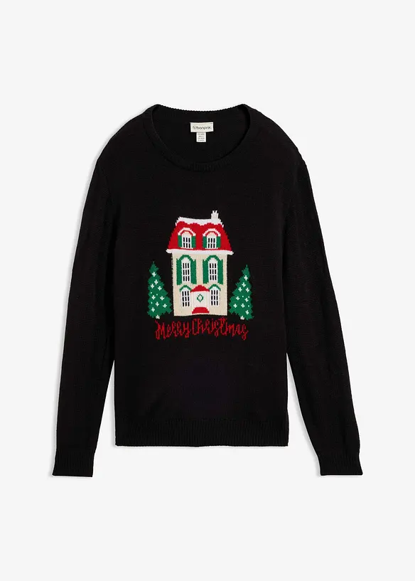 Pullover mit Weihnachtsmotiv in schwarz von vorne - bonprix
