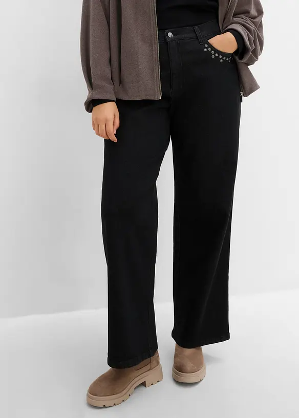 Wide-Leg-Jeans, High Waist mit Nietenbesatz in schwarz von vorne - bonprix